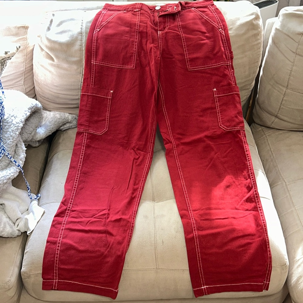 Red garage cargo pants